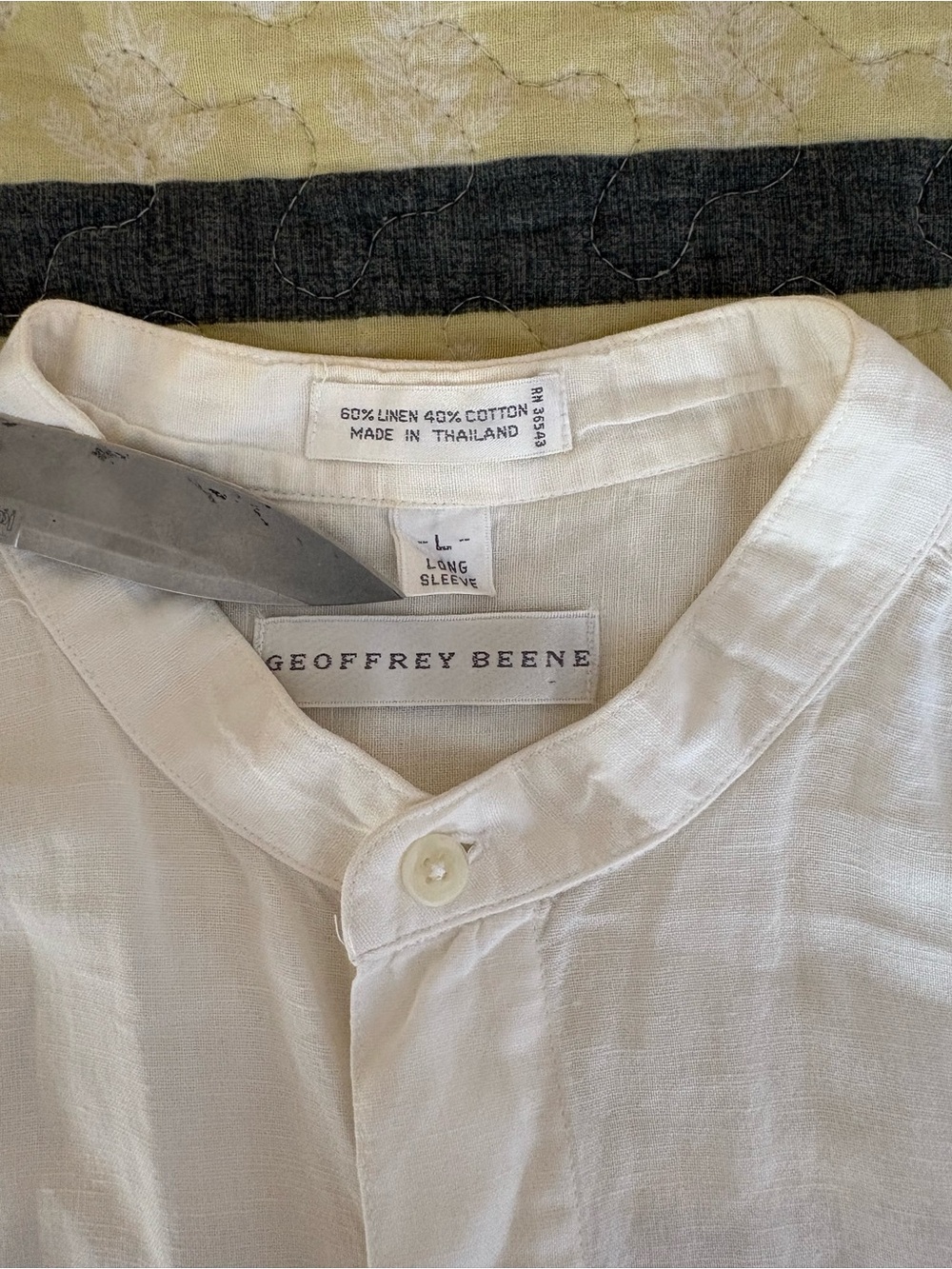 Geoffrey Beene Men's White Linen-Cotton Long Sleeve Shirt Band Collar Size L